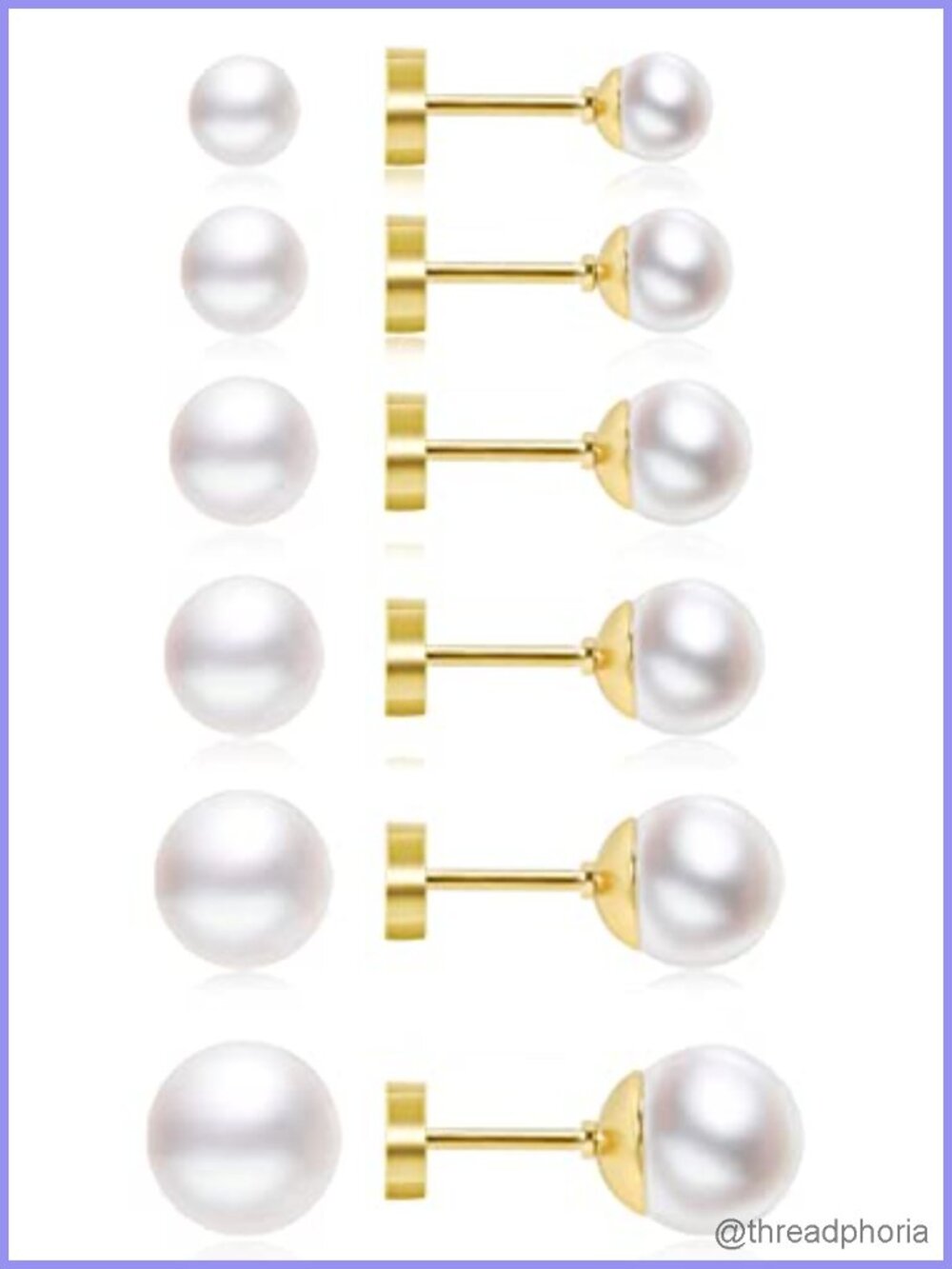 Flat Back Pearl Stud Earrings 6 Pairs 14K Gold Plated 316L Stainless Steel